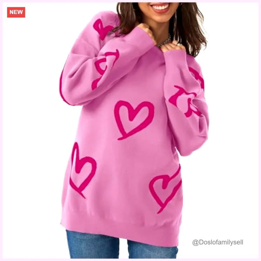 Oversized Heart Print Pullover Sweater Crew Neck Long Sleeve Knit Y2K Cute - Picture 3 of 7
